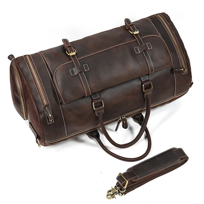 22′ Men’s Genuine Leather Travel Duffle Bag With Shoe Pocket