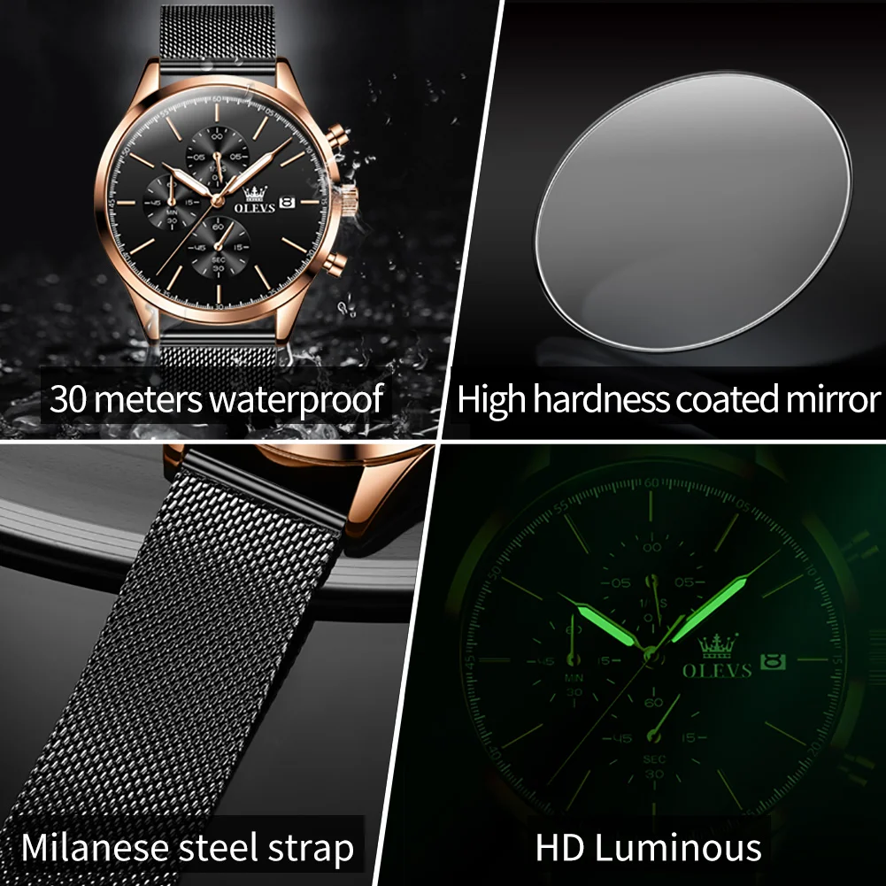OLEVS Mens Watches Top Brand Luxury Stainless Steel Mesh Strap Quartz Watch Men Waterproof Chronograph Watch Relogio Masculino