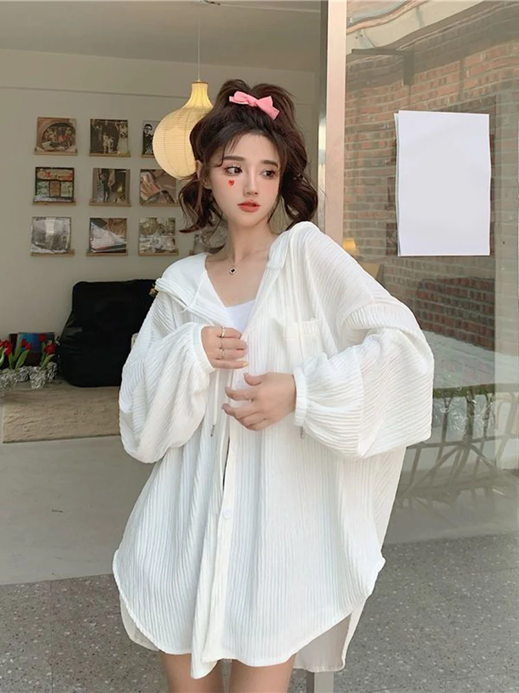 

Zoki Lazy Wind Oversize Sun-Proof Shirt Women Casual Korean Hoodies Tops Long Sleeve Loose Preppy Style Summer Blouse Coats New