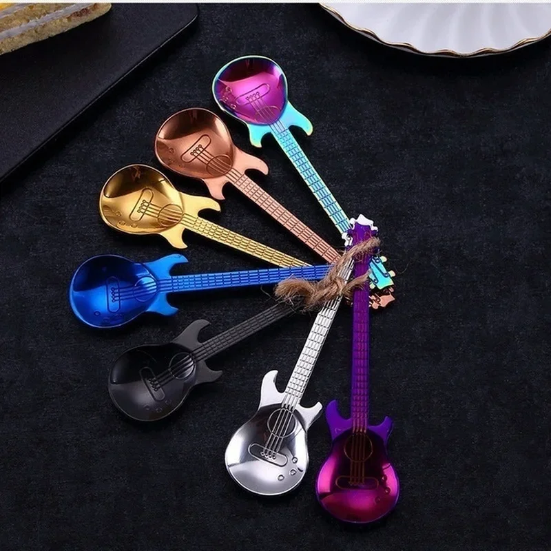 Stainless Steel Spoon Guitar Spoons Rainbow Coffee&Tea Flatware Dessert Spoons