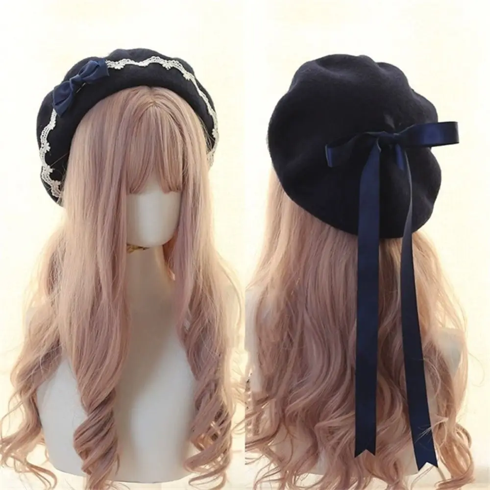 Mode Lolita japanischen Stil Baskenmütze süße handgemachte Winter Baskenmütze Hut Lacebow Woolen Künstler Hut Frauen Mädchen – Detail 7