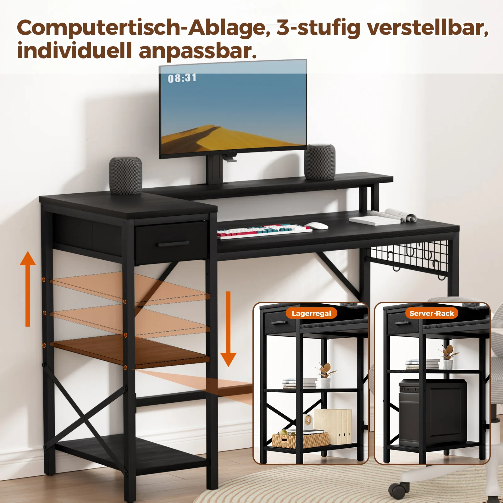 Oak & Tea Eck-Schreibtisch L-Form 120cm – PC-Tisch mit verstellbaren Regalen & Vintage-Design, Büro-/Gaming-Tisch – Detail 3