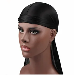Satin Unisex Stretchy Cap Monochrome Silk Satin Long Tail Braid Pirate Hat Baotou Hat Chemotherapy Hat Turban Bandana Headwear
