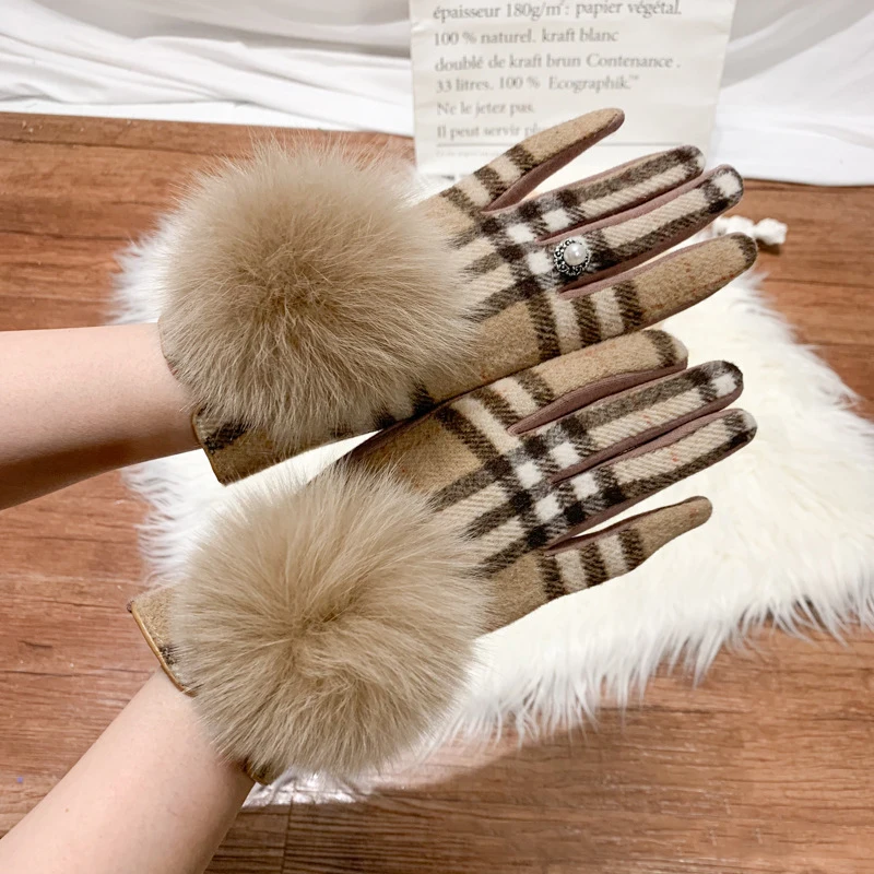 Women's Cashmere Gloves Ladies Touch Screen Furry Fox Fur Ball Plaid Wool Driving Glove Female Mittens