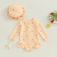 Newborn Baby Girls Swimsuit with Hat Long Sleeve Flower Print Zipped Zipper Jumpsuit Bathing Suit Swimwear for Summer 0-3M 2
