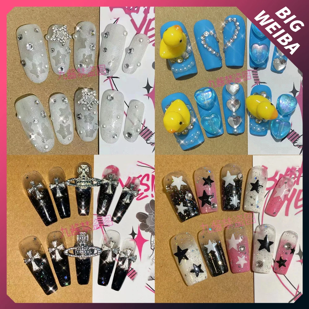

New Hello Kitty Fake Nails Cartoon Cute Diamond Bowknot Cosplay Long Coffin Stiletto Nails Full Cover 3D Nail Tips Gift