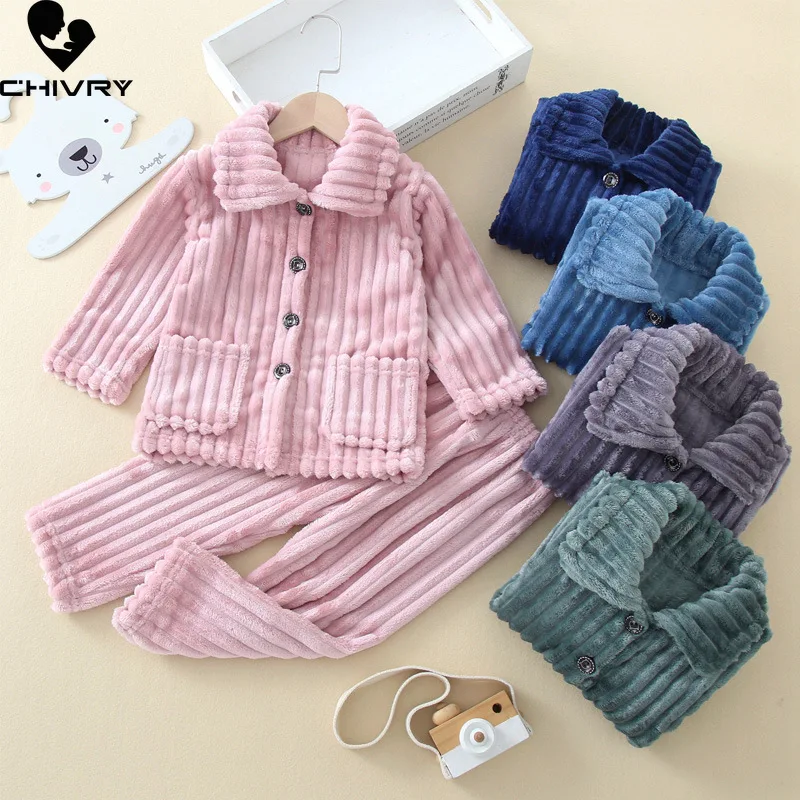 New 2022 Kids Boys Girls Autumn Winter Thick Warm Soft Flannel Pajama Sets Solid Lapel Tops with Pants Sleeping Clothing Sets