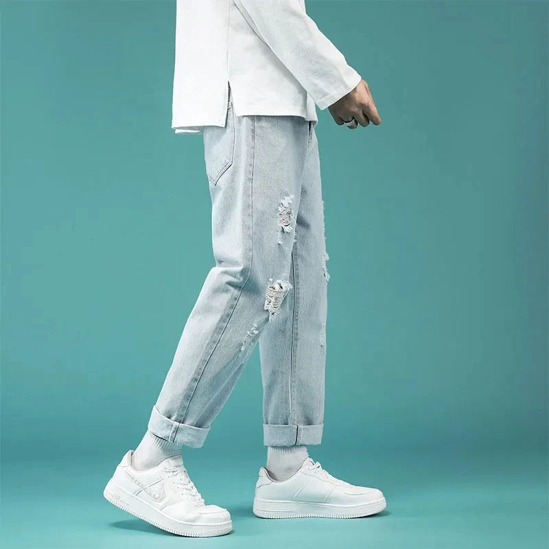Summer Thin Loose And Perforated Straight Leg Jeans 2024 Korean Version New Fashionable Men's Light Blue Casual Travel Pants