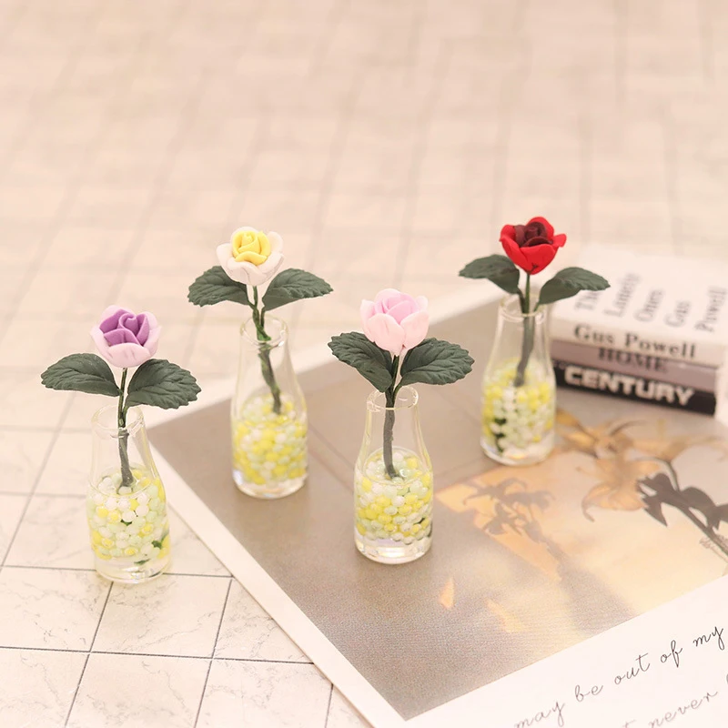 

1:12 миниатюрная ваза для кукольного домика, розы, Мини цветочный горшок, Цветочная композиция, Горшечное растение для сада