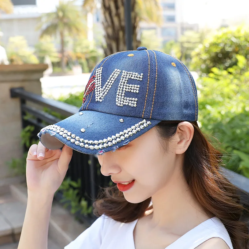 New Women Washed Denim Rhinestone Crown Baseball Cap Fashion