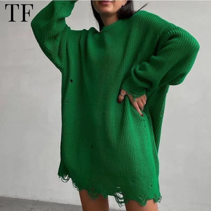 

Fashion O Neck Knitted Pullovers Distressed Mid Length Style Oversized Sweater Women Casual Irregular Hem Jumpers Knitwear Tops