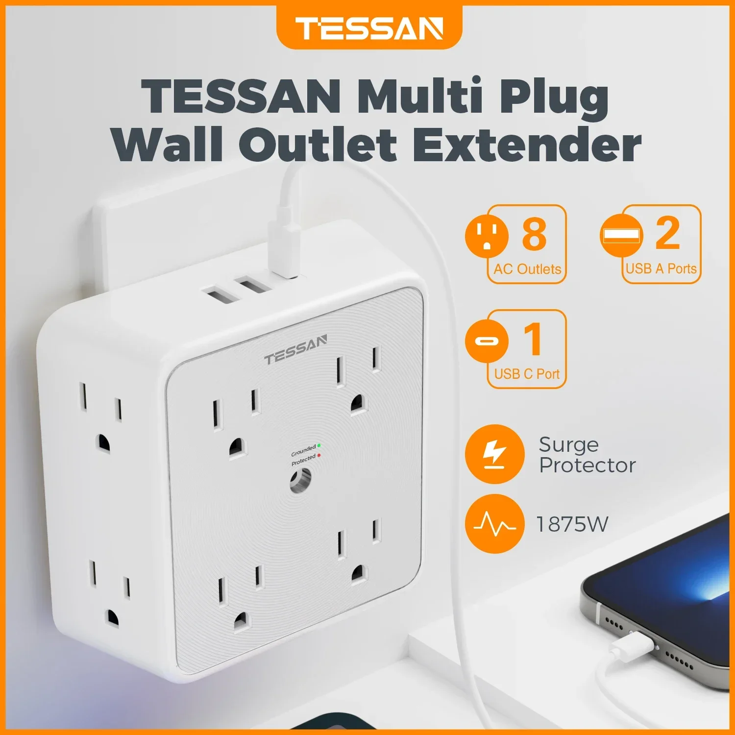 TESSAN Multi Outlet Splitter 8 AC Outlets 3 USB Ports 11 in 1 Surge Protector Multi Outlet Extender Home Office Dorm