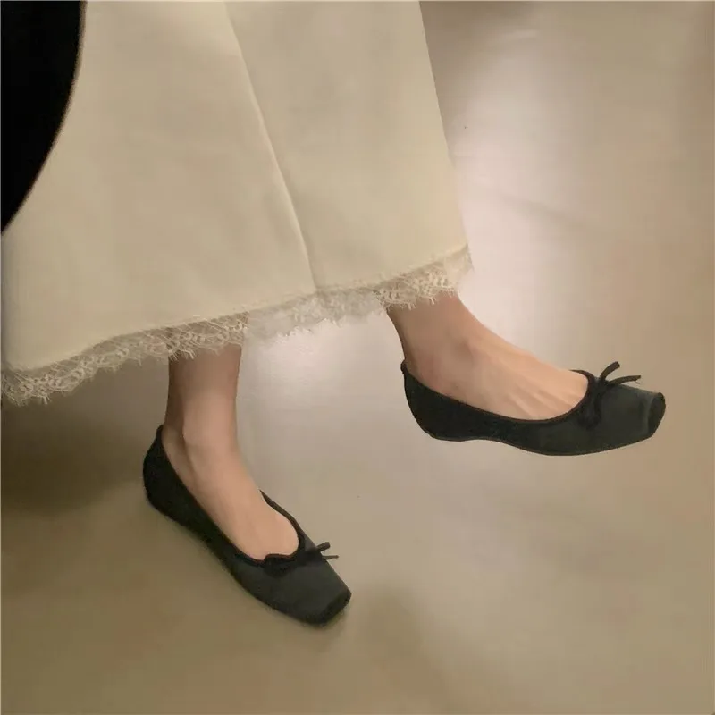 2025Breathable Silk Ballerinas Ballet Flats Women Summer Autumn Slip On Loafers Square Toe Bowknot Flat Casual Shoes 5