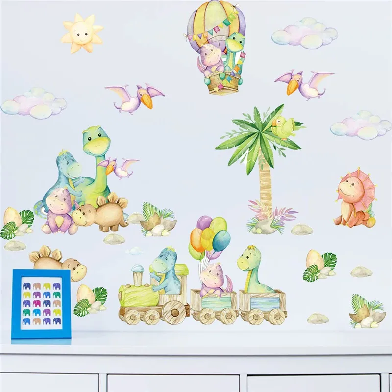 

Cute Baby Dinosaurs Balloon Party Wall Stickers For Kids Bedroom Home Decoration Diy Cartoon Animal Mural Art Pvc Decals Posters