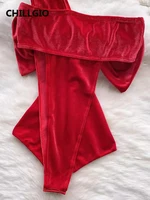 CHILLGIO Women Christmas Velour Strappy Rompers Fashion Bow Tight One Shoulder Catsuit Sexy Solid One Piece Combination Bodysuit - Image 6