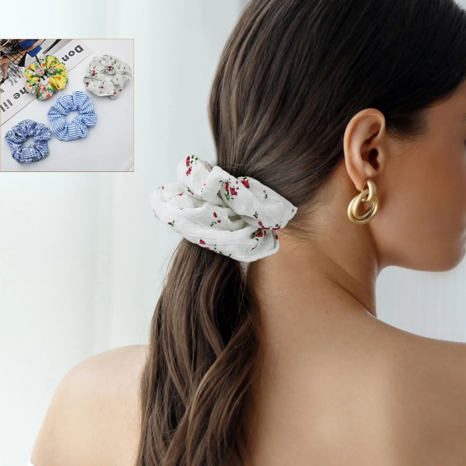 1PC Blue Series Hair Scrunchies Collection - 4 Styles (Floral/Striped/Checkered), Trendy Hair Accessories