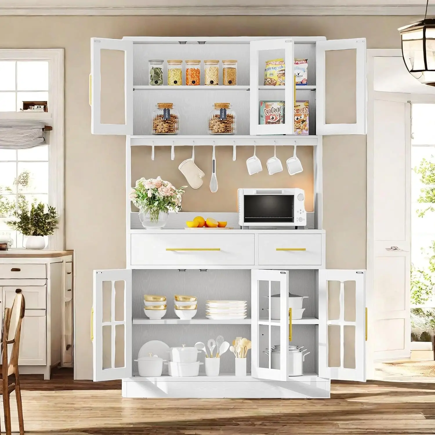 Kitchen Pantry Storage Cabinet with Microwave Stand, 71'' Tall Kitchen Hutch Cabinet with Power Outlet, Modern Food