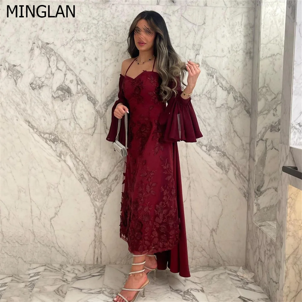 

MINGLAN Elegant Sweetheart Spaghetti Strap Full Sleeve Off The Shoulder Appliques Evening Dress Flowers Ankle Length Prom Gown
