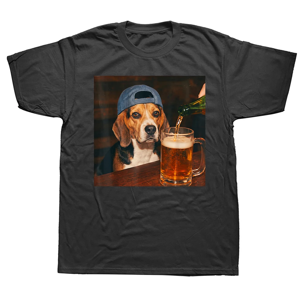 Beagle trinkt Bier Lustiges Vatertags-Hundememe T-Shirt für Männer Baumwolle Humor Streetwear T-Shirt Kurzarm Unisex Lose Kleidung