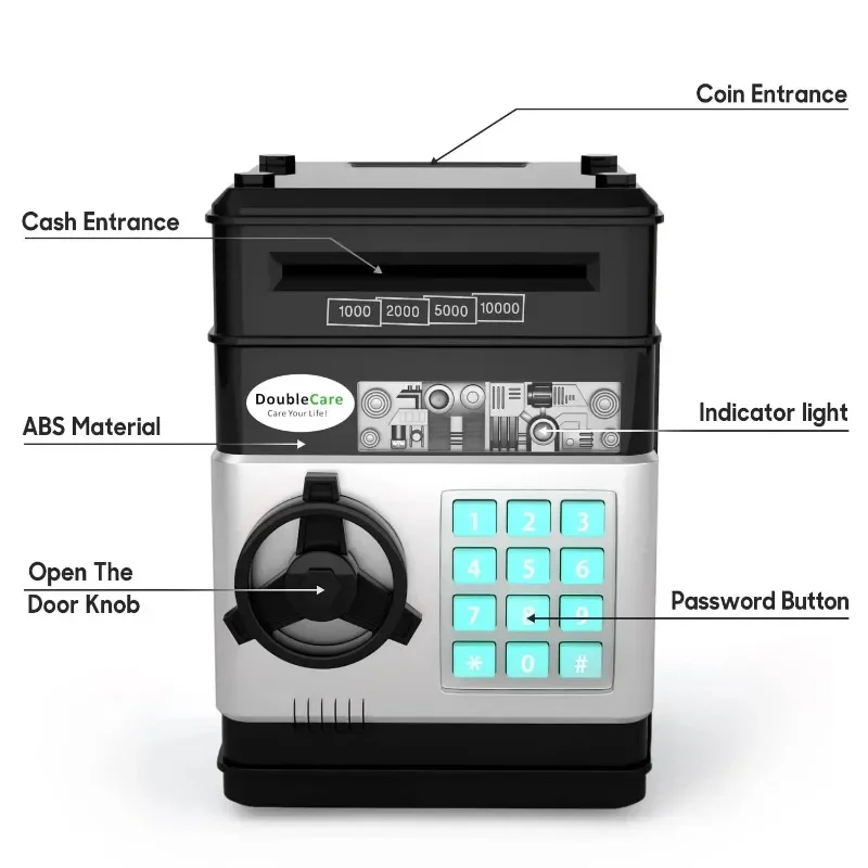 Black Piggy Bank for Kids, Electronic ATM Cash Coin Can Money Saving Box with Password, Children's Safe Money Jar with Auto Gra