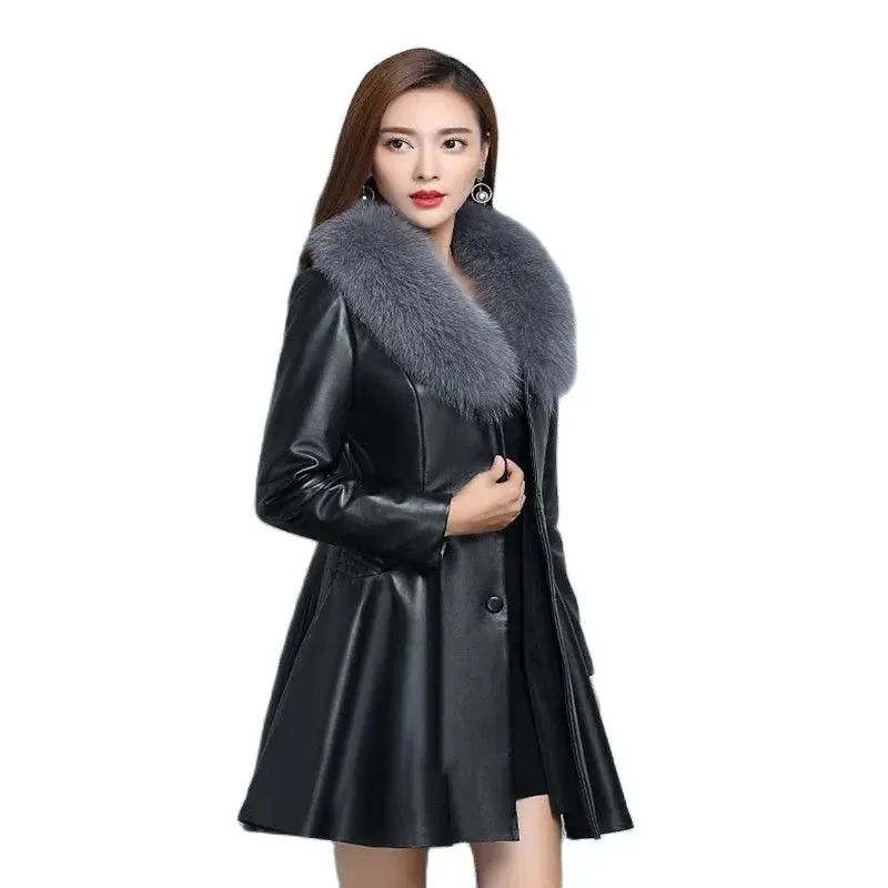

Anti-season Haining Leather Fur Women's Long Imitation Fox Fur Collar And Aotton Slim Slimming Korean PU Leather Warm Coat Tide。