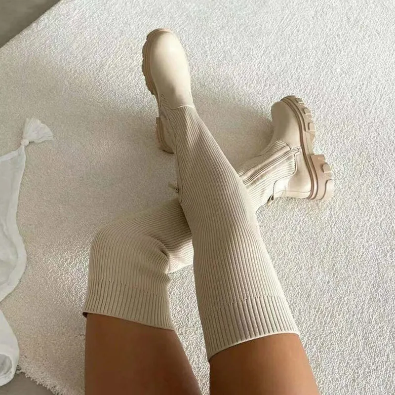 Pmwrun Over The Knee Spring and Autumn Stitching Knitted Vertical Pattern Fashion Platform Boots Socks Shoes Women's Boots platform thigh high boots