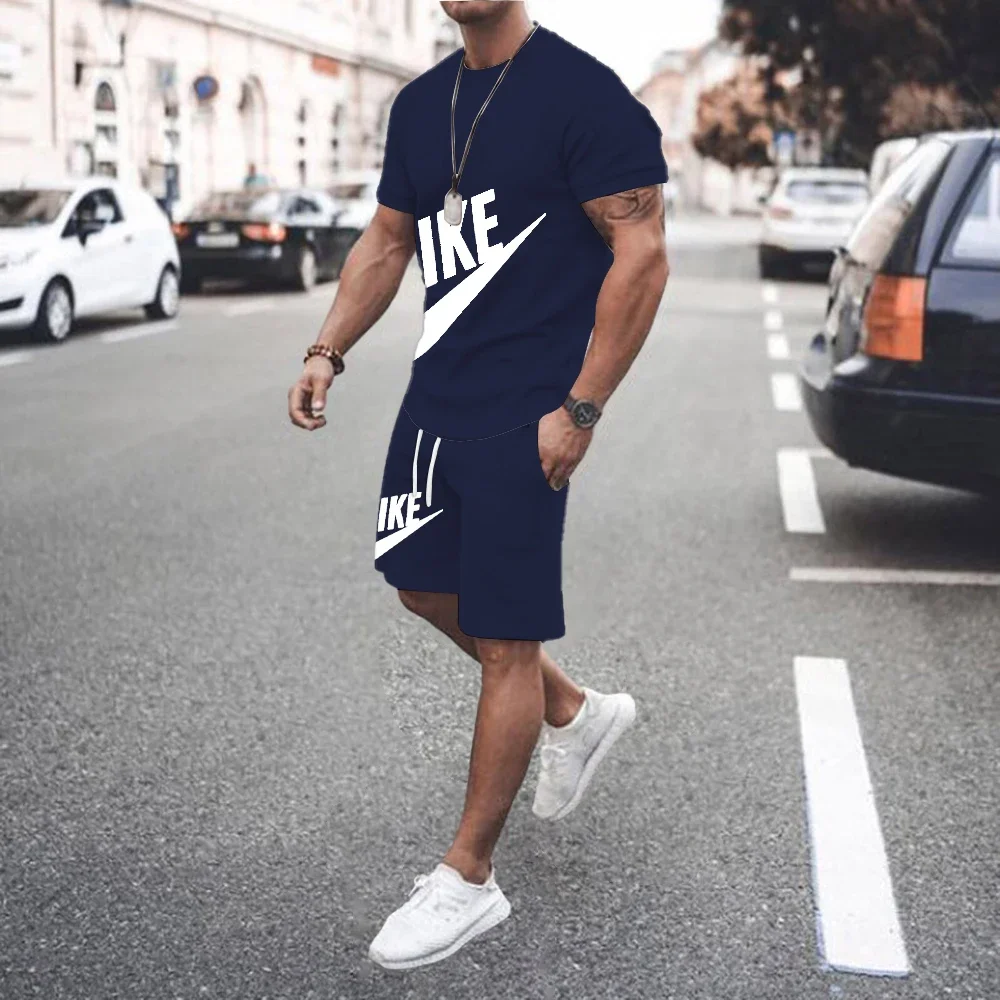Summer Men's Clothing Two Pieces Sets Mens Casual Tracksuit Men Print Short Sleeve Sets Mens T-shirt + Shorts Fitness Sports Set