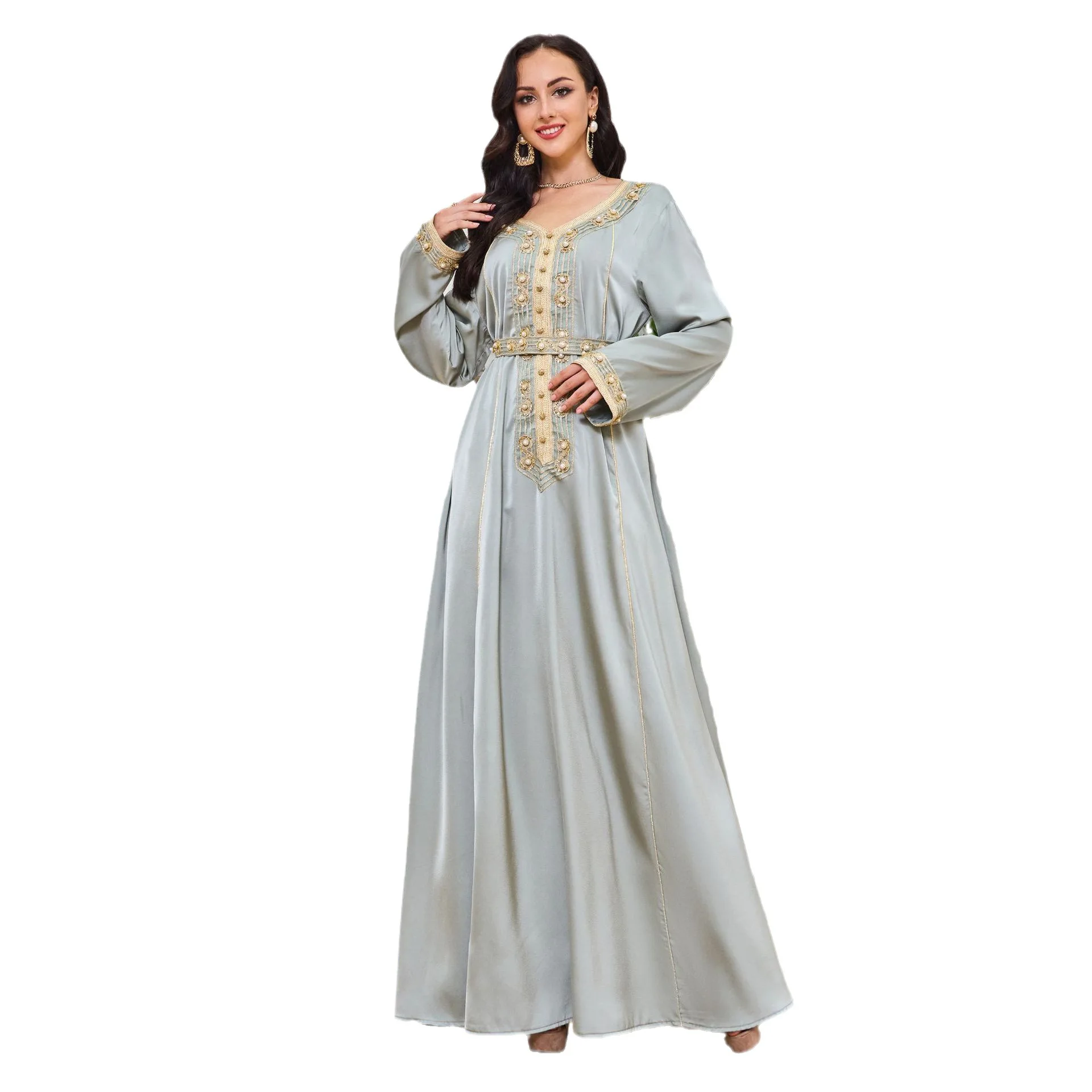 Fashion Turkish Abaya Woman Dubai Solid Diamonds Full Sleeve V-Neck Belted Clothing Elegant Muslim Female Long Dresses