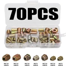 

70pcs M4 M5 M6 Thread Inserts Nut Wood Insert Assortment Kit Nut Flanged Hex Drive Head Furniture Inserts Fixing Bolt Screw Nut