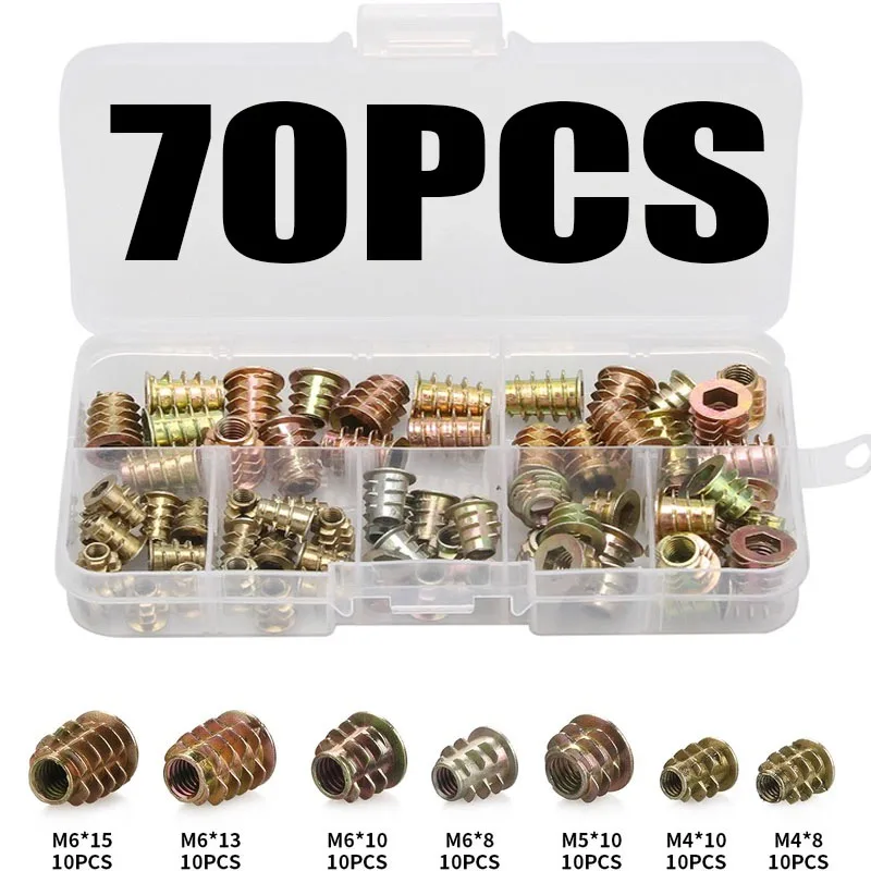 Porca Inserções Roscas m4 m5 m6 70 Peças Porca de Inserção de Madeira Kit de Porca Cabeçote Flangeado Inserções de Móveis Parafuso de Fixação Porca