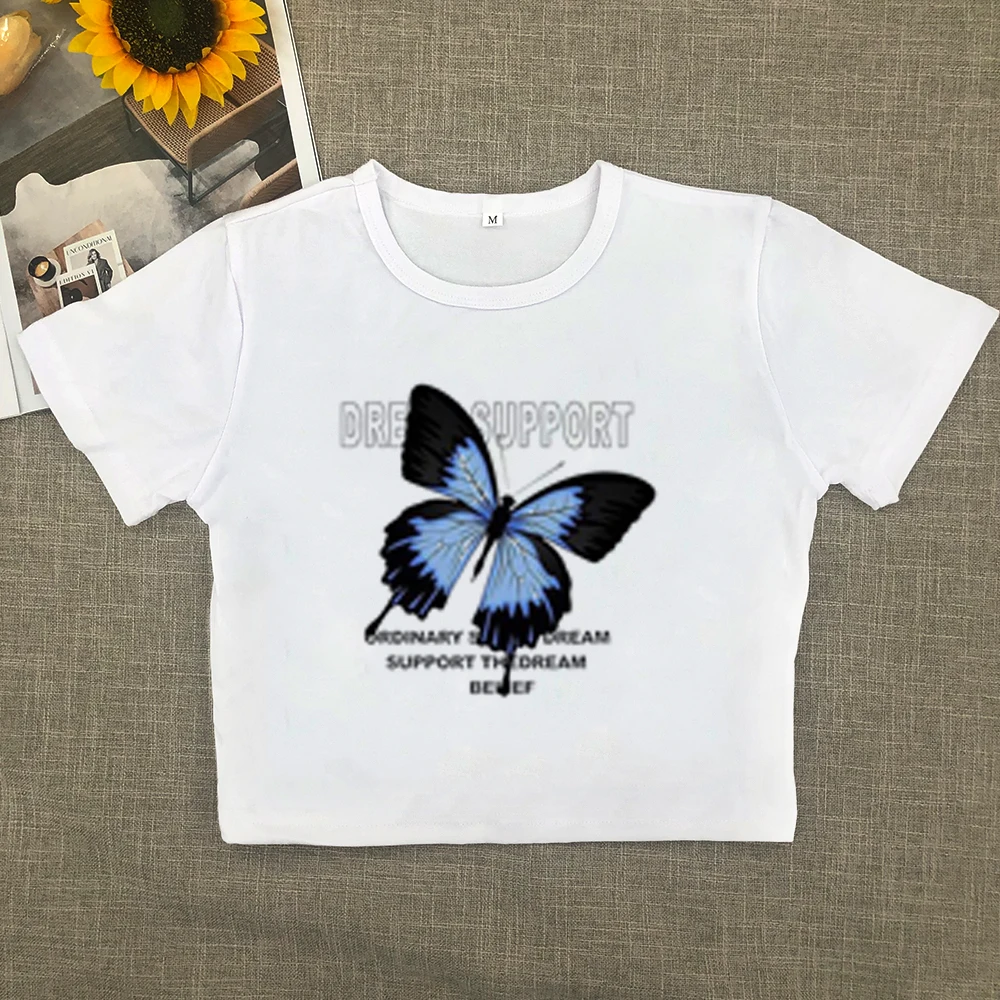 Full-shoulder cotton short-sleeved T-shirt women summer new spice girls high waist slim short crop clothes sweet and spicy