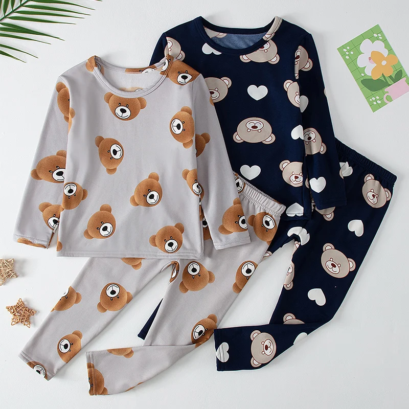 2-piece 2024 new autumn children's cute bear long-sleeved trousers suit boy leisure and comfortable home cover girl Joker pajama 1