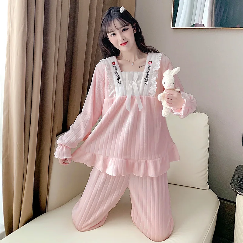 Sleepwear Women's Winter Flannel Long Sleeve Pants Thickened Home Fur Two Piece Set for Outwear