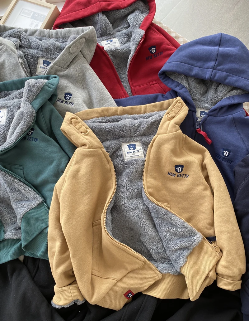 Girls Boys Hooded Zip Jackets Children Winter Fleece Lined Therme Cotton Outerwear 4-14Years