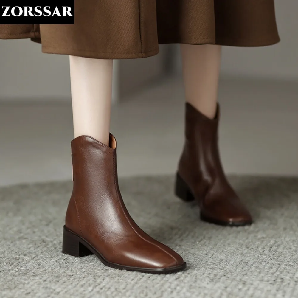 

Big Size 41 Genuine Leather Chunky High Heels Winter Shoes Classics Chelsea Boots Square Toe Zipper Concise Dating Ankle Boots