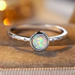 Elegant White Fire Opal Solitaire Ring for Women - Vintage Silver Thin Band Engagement Jewelry (Silver White)