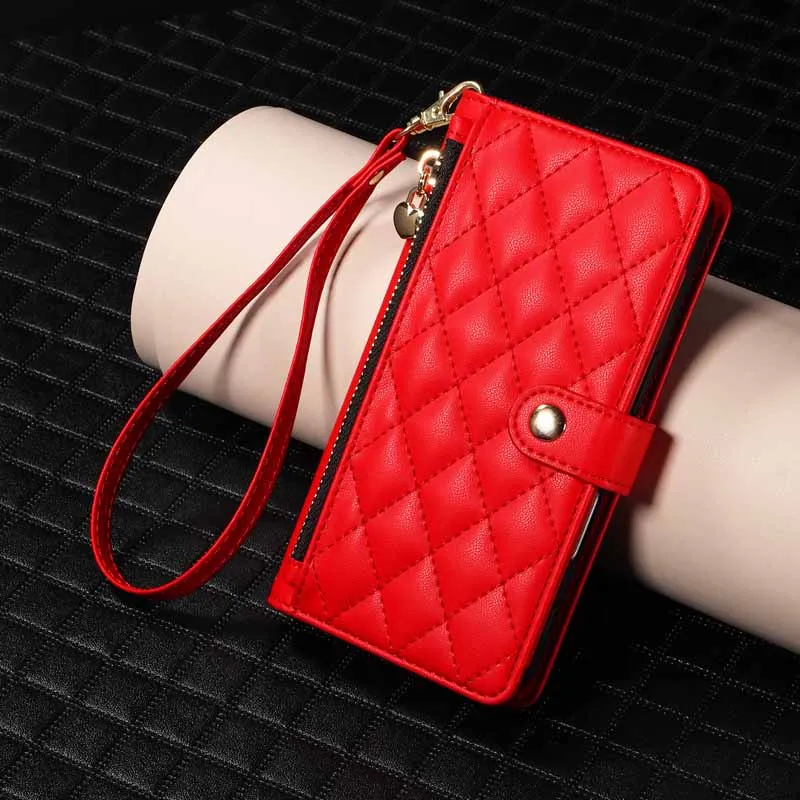 Leather Flip Wallet Zippered Phone Case with Card Slots