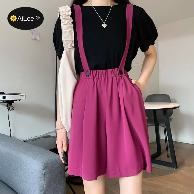 Women Summer Overalls Shorts Elastic High Waist Draped Loose Purple Chic Shorts Knee Length Pockets Knee Length Harajuku Shorts