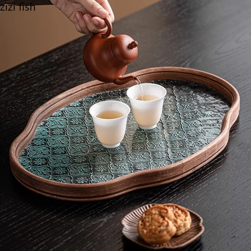 Vintage Glass Bamboo Tea Tray Fruit Dim Sum Tray Cake Tray Crabapple Flower Glass Storage Trays Household Storage Container 3
