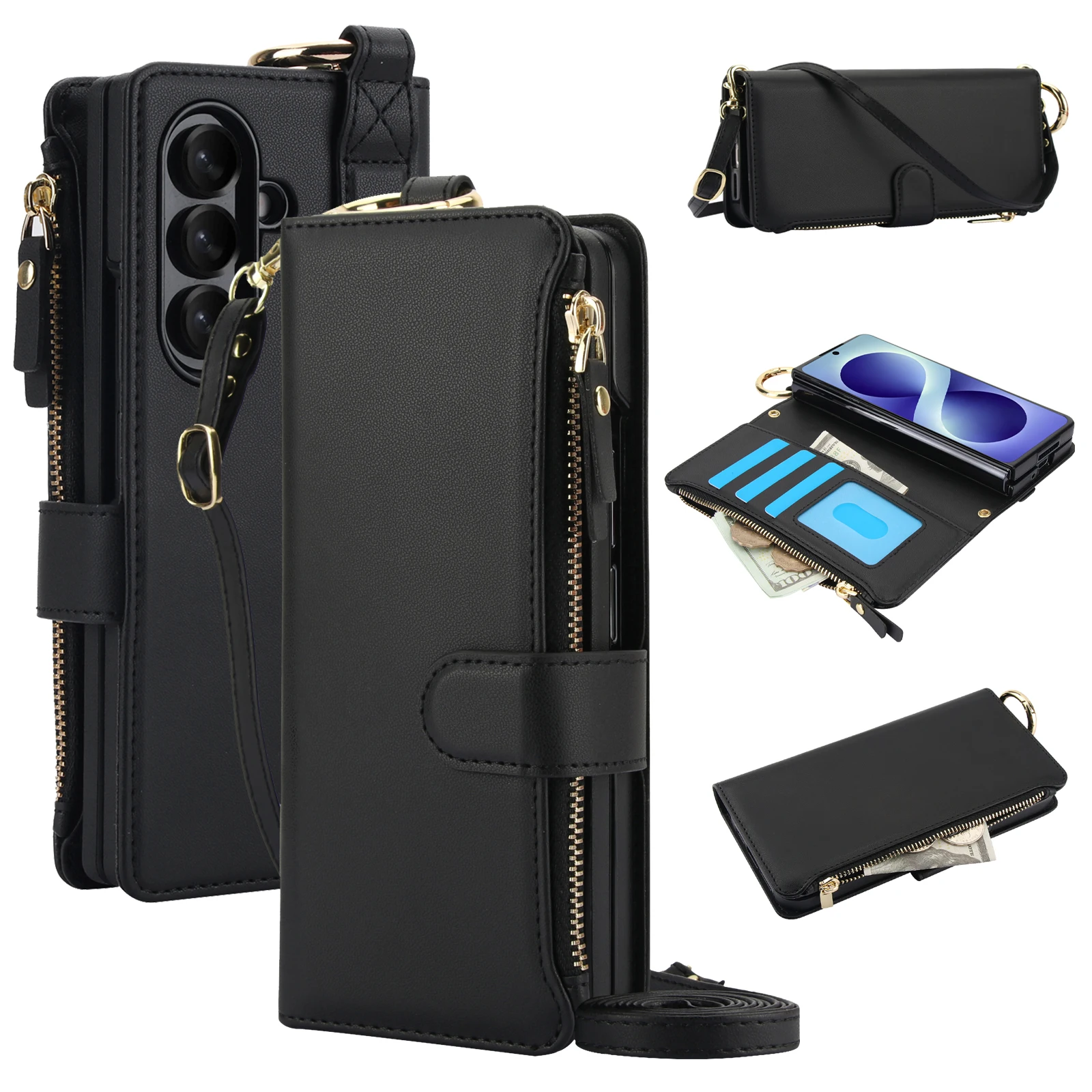 Elegant Multi-Functional Leather Crossbody Wallet Case with RFID Protection and Zippered Storage