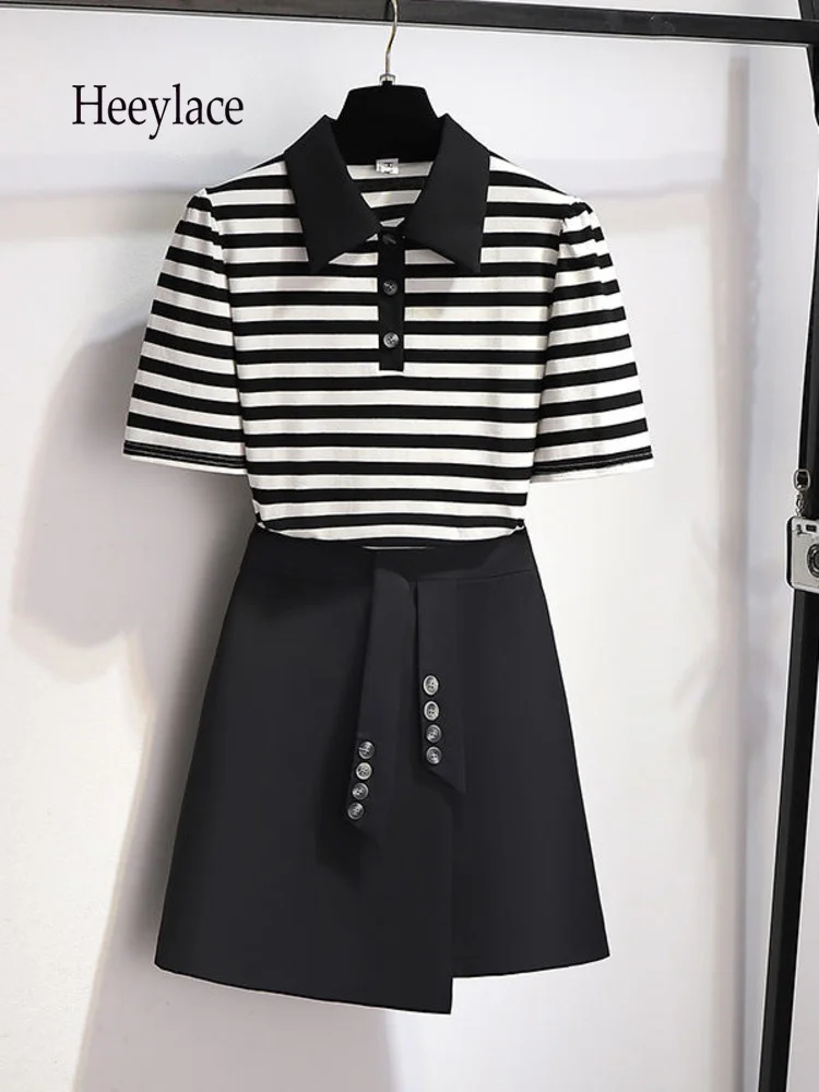 

Summer Sets Women Polo Collar Short Sleeve Striped Tops And Irregular Mini Skirts Two Piece Set For Women Streetwear Outfits