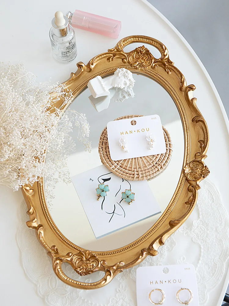 Jewelry Plate Instagram Retro Gold Edge Mirror Jewelry Shooting Props Decoration Dressing Table Display Storage Tray fashionable rhinestone luxury ball party women s white lace edge flower shaped leg straps wedding bridal decoration leg straps