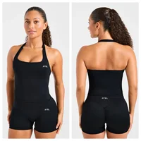 Ensemble de sport pour femme : Soutien-gorge de yoga sans couture à col halter et short de gym froncé, leggings de fitness extensibles pour l'entraînement et le cyclisme 1