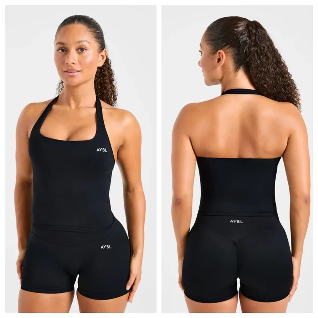 Ensemble de sport pour femme : Soutien-gorge de yoga sans couture à col halter et short de gym froncé, leggings de fitness extensibles pour l'entraînement et le cyclisme 1
