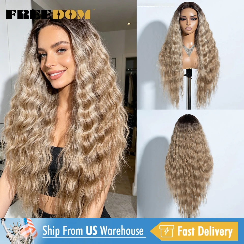 FREEDOM Curly Wavy Synthetic Lace Front Wig 30" Ombre Brown Blonde Lace Wigs For Women Highligt Daily Party Wig US Local Ship 1