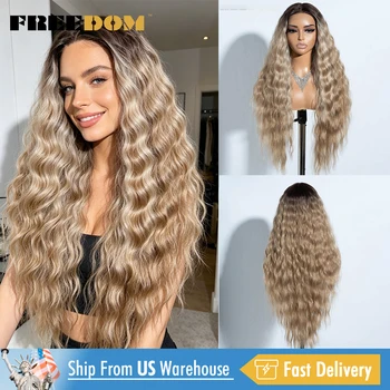 FREEDOM Curly Wavy Synthetic Lace Front Wig 30" Ombre Brown Blonde Lace Wigs For Women Highligt Daily Party Wig US Local Ship 1