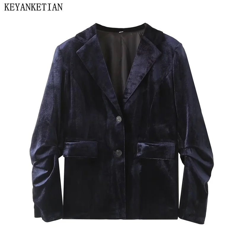 

Зимний новый женский плиссированный бархатный костюм KEYANKETIAN с рукавами, модный однобортный Блейзер темно-синего цвета с карманами и откидной крышкой