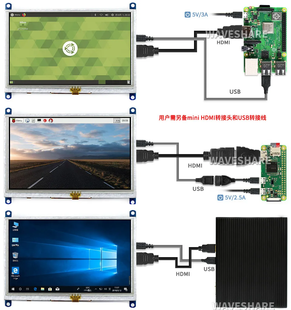 Waveshare HDMI LCD B ġũ PC ,   4, 3, ο, 800  480 ػ, 5 ġ