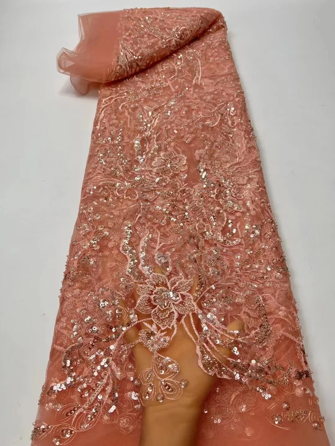 

Orange Luxury French Embroidery Groom Lace Fabric African Nigerian With Sequins Fabric For Wedding Dress Party