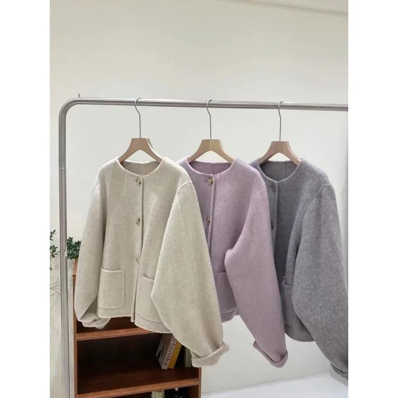 리오셀 짧은 양면 알파파 코트 여성용, 용수철 울, 루즈한 싱글 브레스트, 부드러운 솔리드 클라우드 모직 재킷, 2024